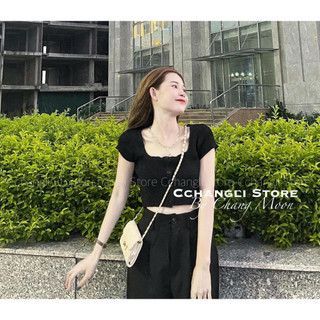 Áo len cộc tay cổ U dáng croptop (kèm ảnh thật, video)
