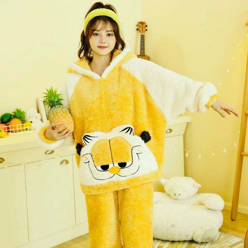 Bộ ngủ lông hổ vàng dễ thương,Sét áo hoodie lông gấu 2 mặt mượt  kèm quần dài mặc nhà mùa đông ấm áp hàn quốc form rộng