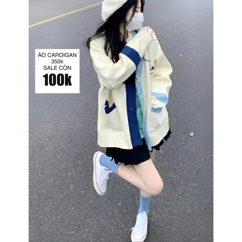 Áo cardigan viền xanh, viền nâu