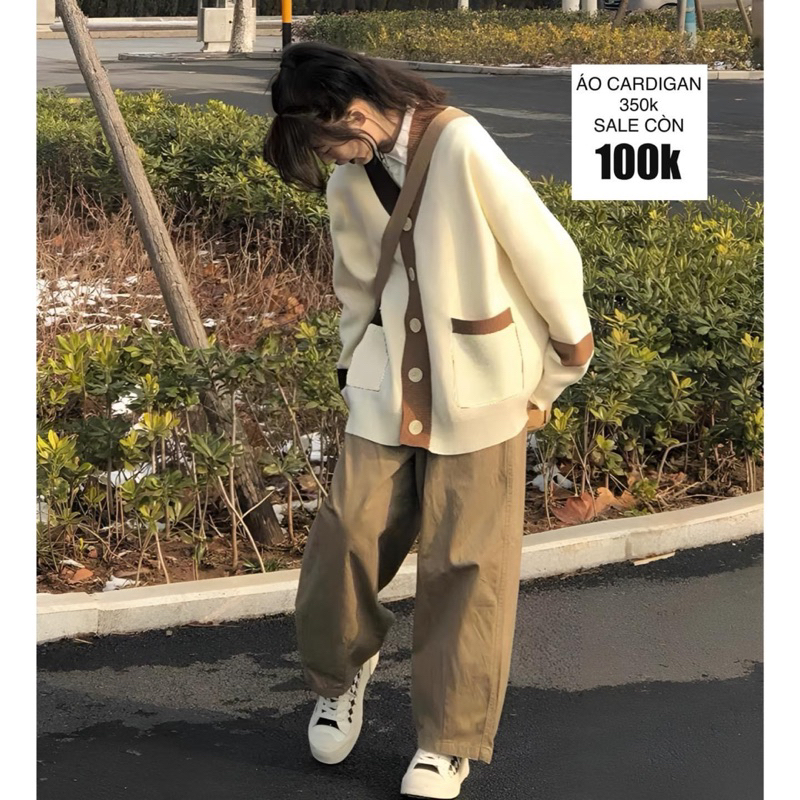 Áo cardigan viền xanh, viền nâu
