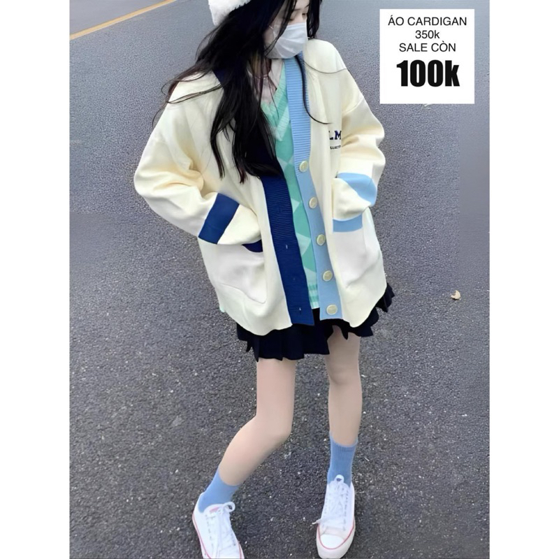 Áo cardigan viền xanh, viền nâu
