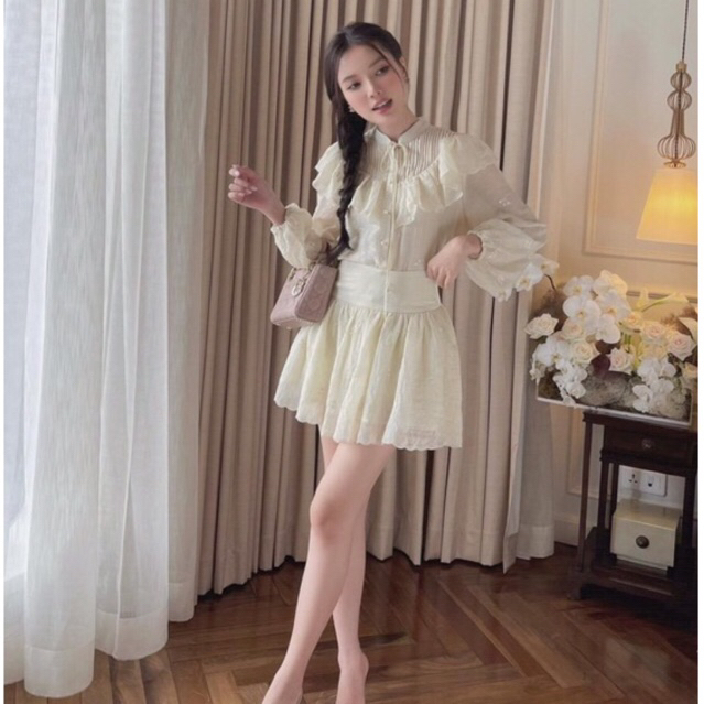 Set 2 món bèo ren hoa nhí tiểu thư , Áo sơ mi bèo nữ kèm chân váy /Jennycloset