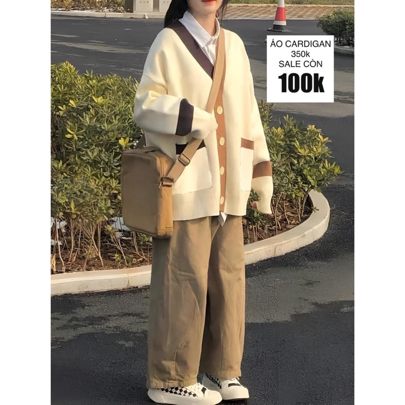 Áo cardigan viền xanh, viền nâu