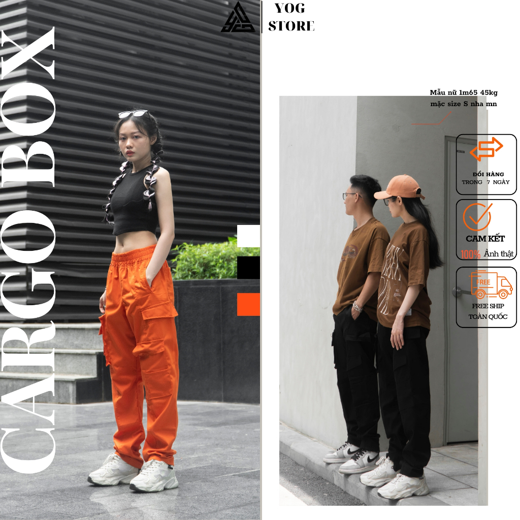 Cargo pants - quần kaki ống rộng cạp cao túi hộp nhiều túi màu cam dáng suông hack dáng phong cách Âu Mỹ  YOG
