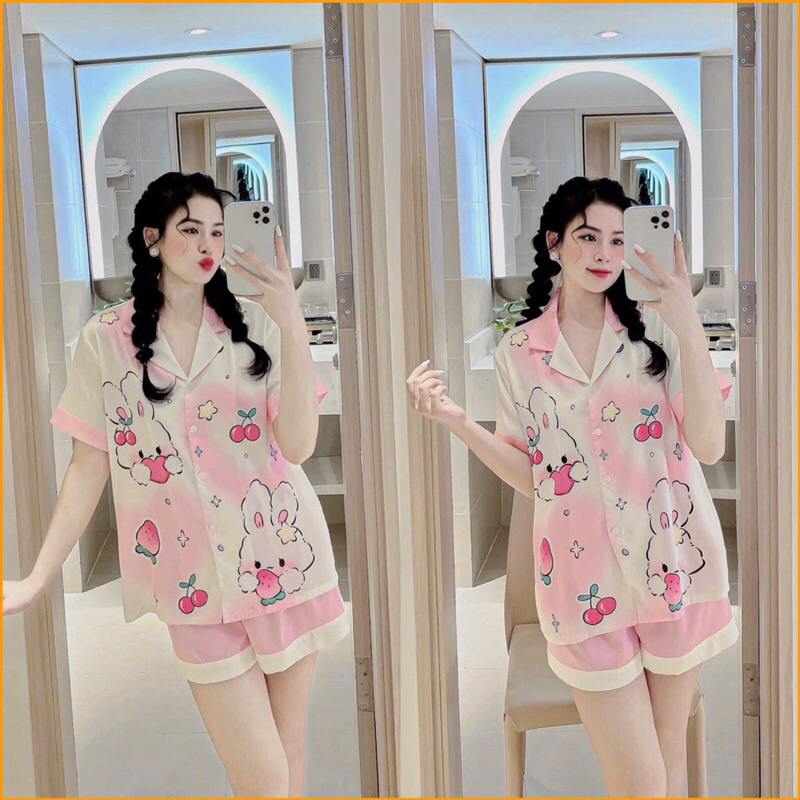 ❤️Hàng QC❤️Pijama cộc đùi CLC thỏ cherry Hồng_Thanhhien997_lụa satin CC, form to A11112.