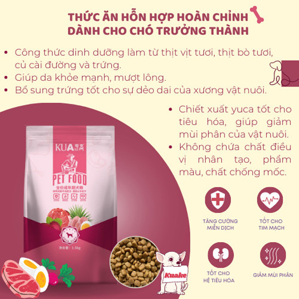 Thức ăn hạt KUAke cho chó trưởng thành - Hạt được làm từ thịt tươi cho cún gói 1.5kg