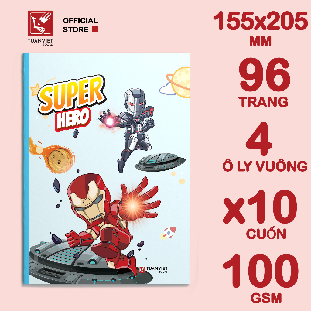 Tập học sinh 96 trang TUANVIETBOOKS Super Hero-10 cuốn-Hình ngẫu nhiên-96 trang - 4 ôly vuông
