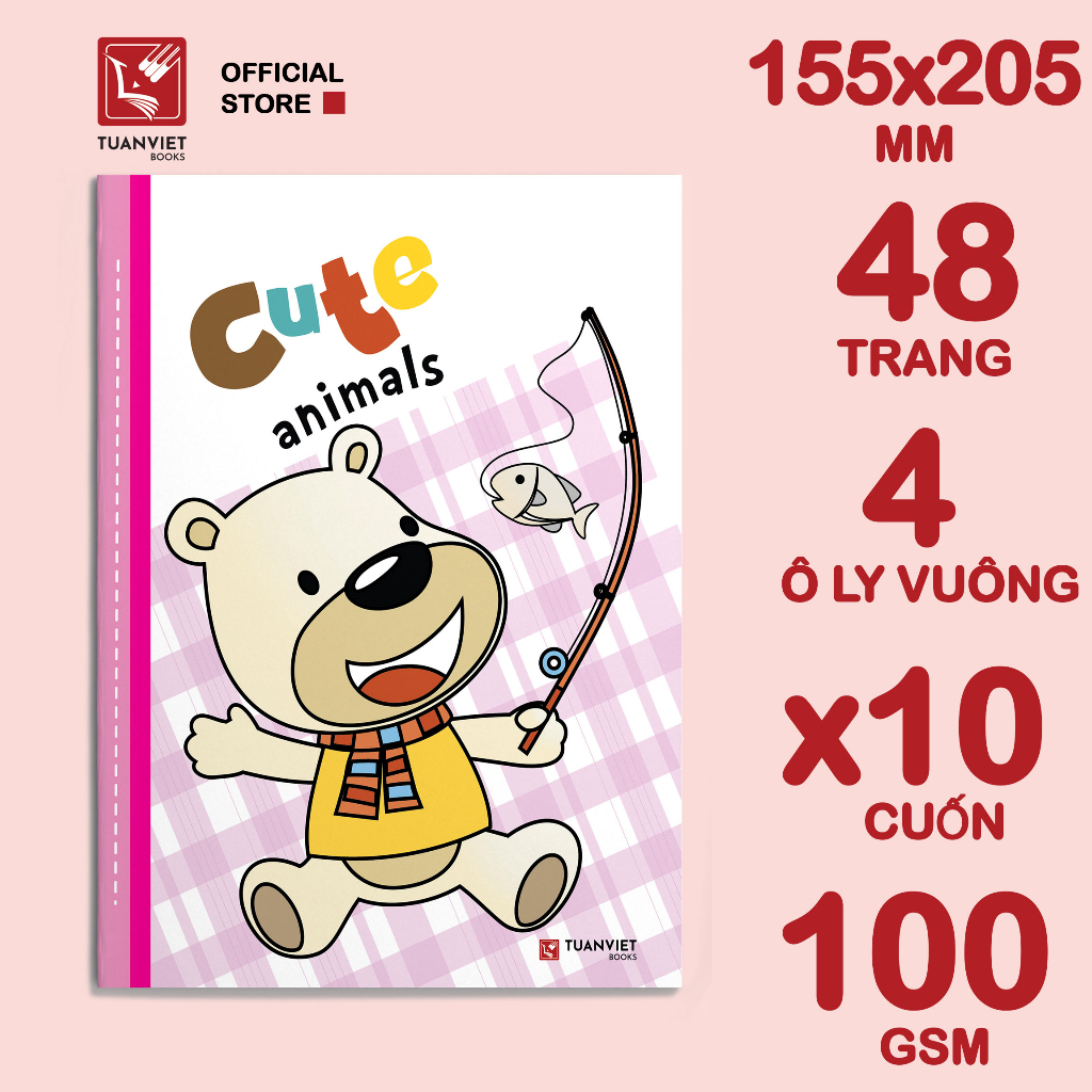 Tập học sinh 48 trang TUANVIETBOOKS Cute Animals-10 cuốn-Hình ngẫu nhiên-48 trang - 4 ôly vuông
