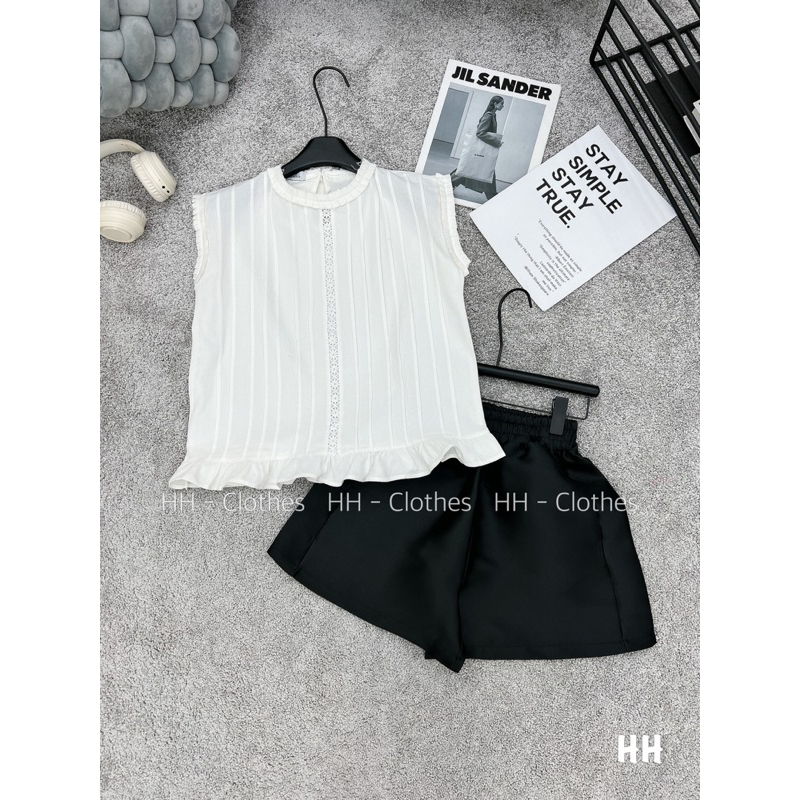 Sét áo bbd xếp ly phối ren + quần tacta đen lưng chun