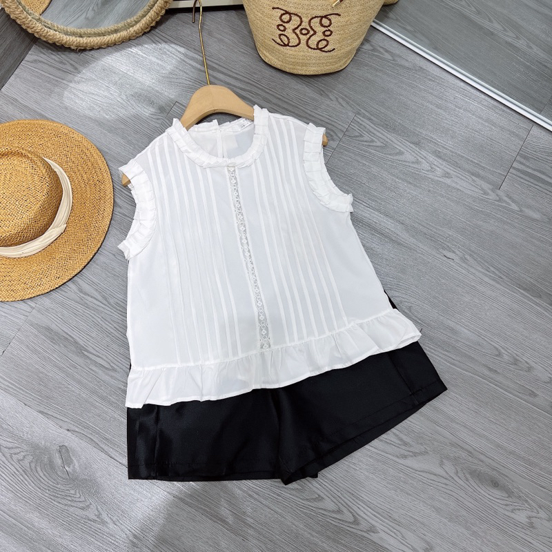 Sét áo bbd xếp ly phối ren + quần tacta đen lưng chun