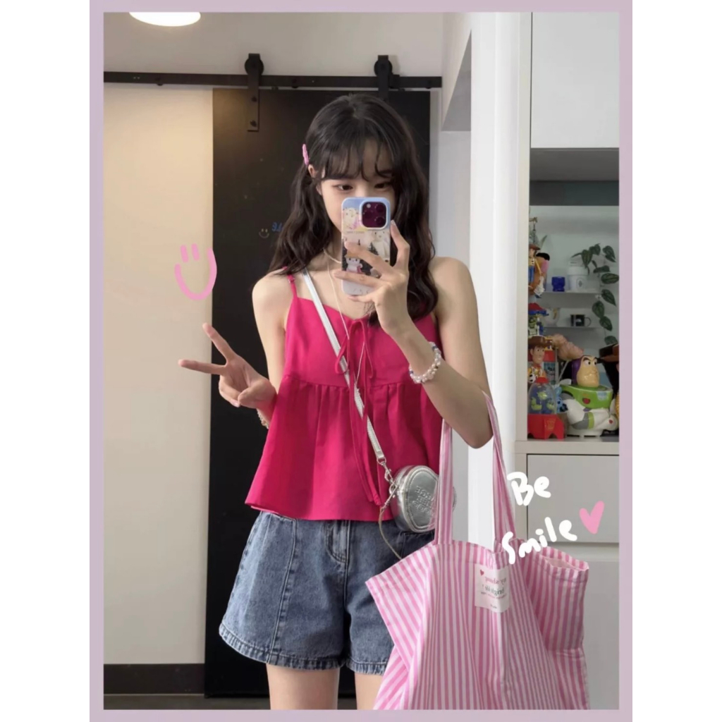 Áo 2 dây nữ dáng babydoll dễ thương đi chơi màu hồng sen nổi bật