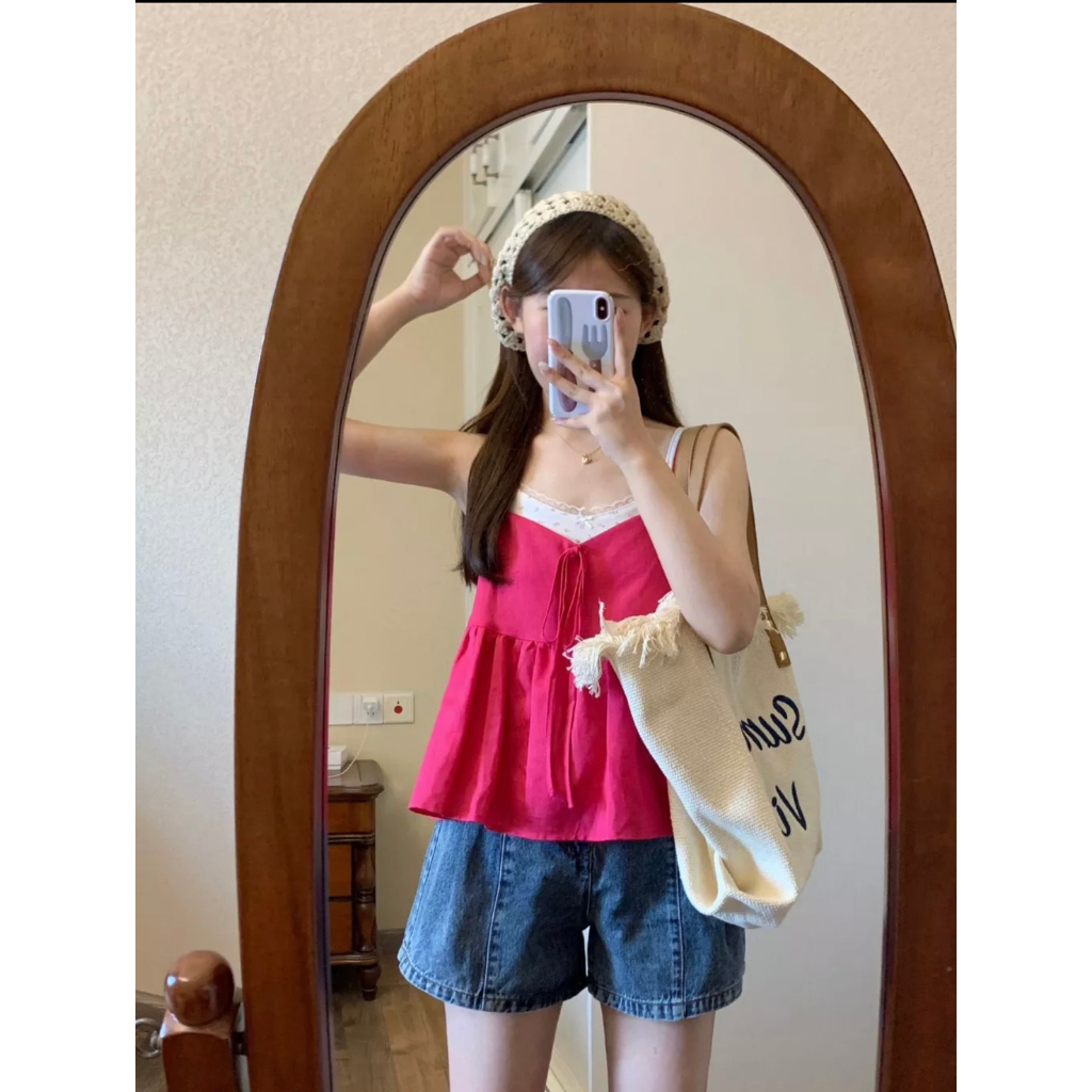 Áo 2 dây nữ dáng babydoll dễ thương đi chơi màu hồng sen nổi bật