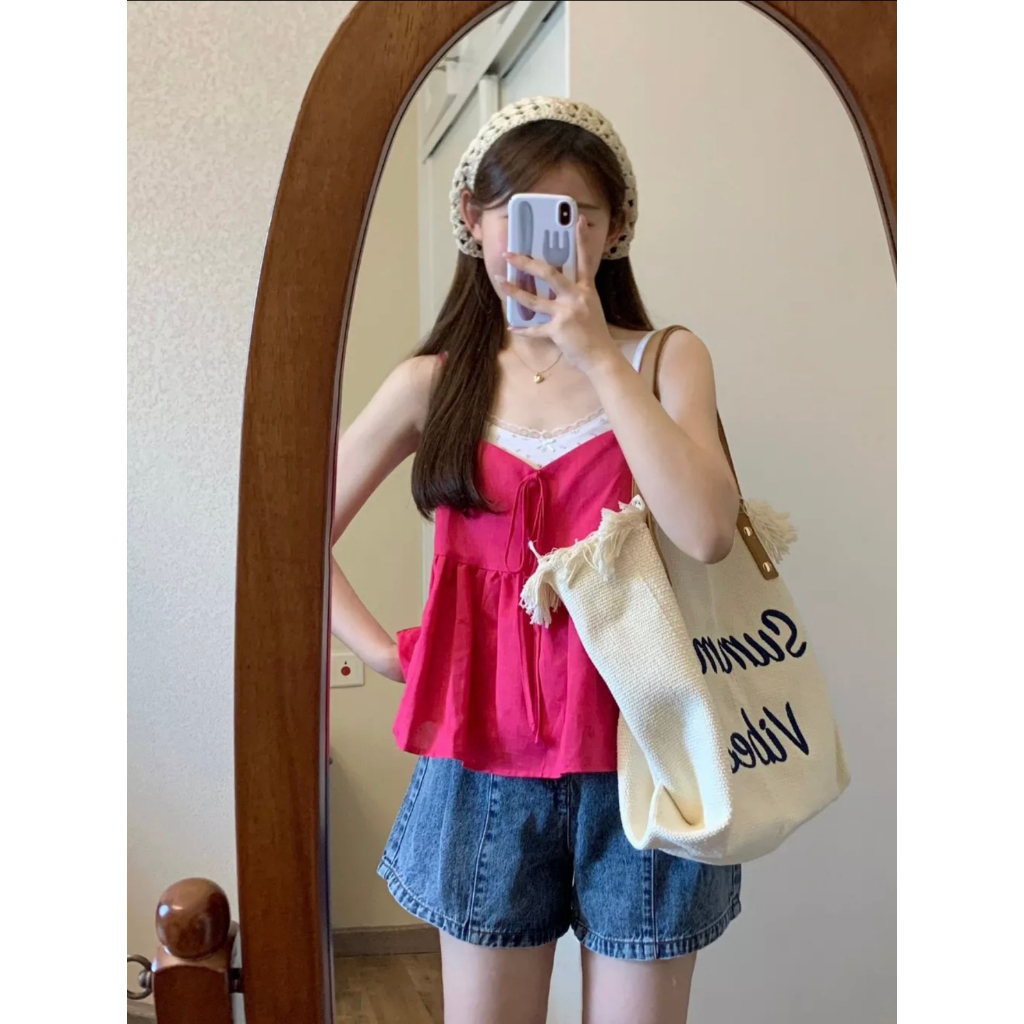 Áo 2 dây nữ dáng babydoll dễ thương đi chơi màu hồng sen nổi bật