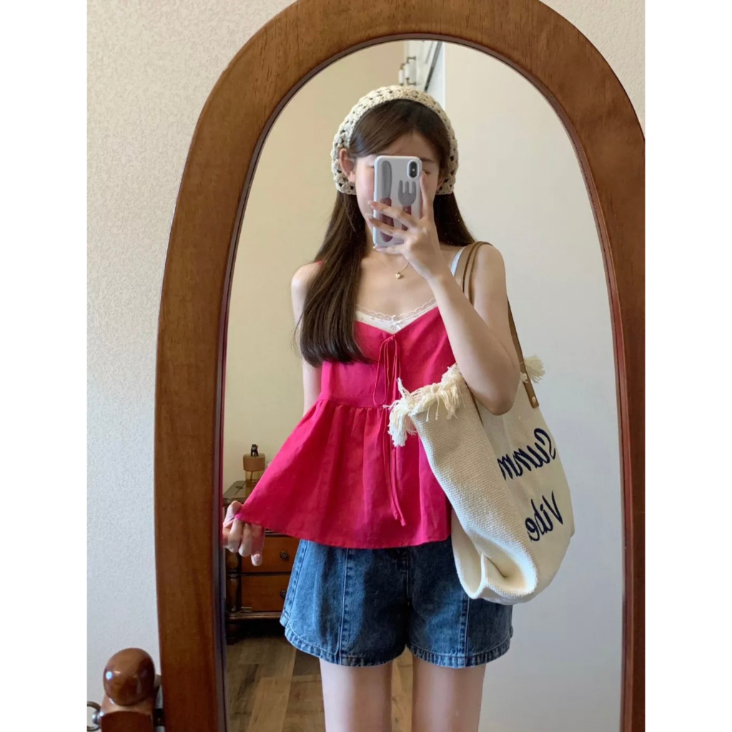 Áo 2 dây nữ dáng babydoll dễ thương đi chơi màu hồng sen nổi bật