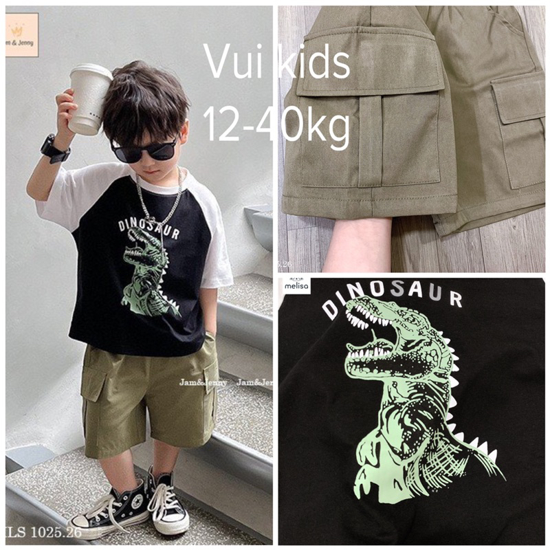 (Ảnh thật) Set bộ quần kaki bé trai. Set áo khủng Long Dino kèm quần kaki túi hộp bé trai 12-40kg Melisa