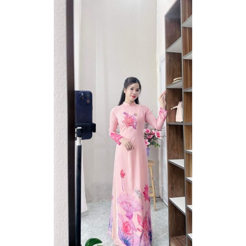Áo dài truyền thống vải tơ mộc thêu hoa tone Hồng xinh