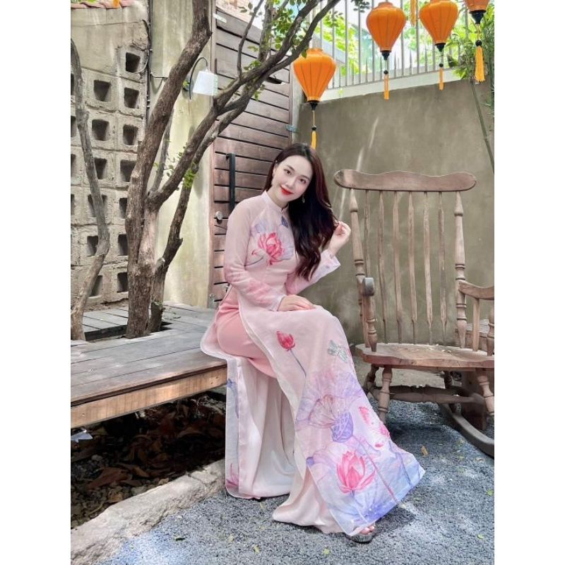 Áo dài truyền thống vải tơ mộc thêu hoa tone Hồng xinh