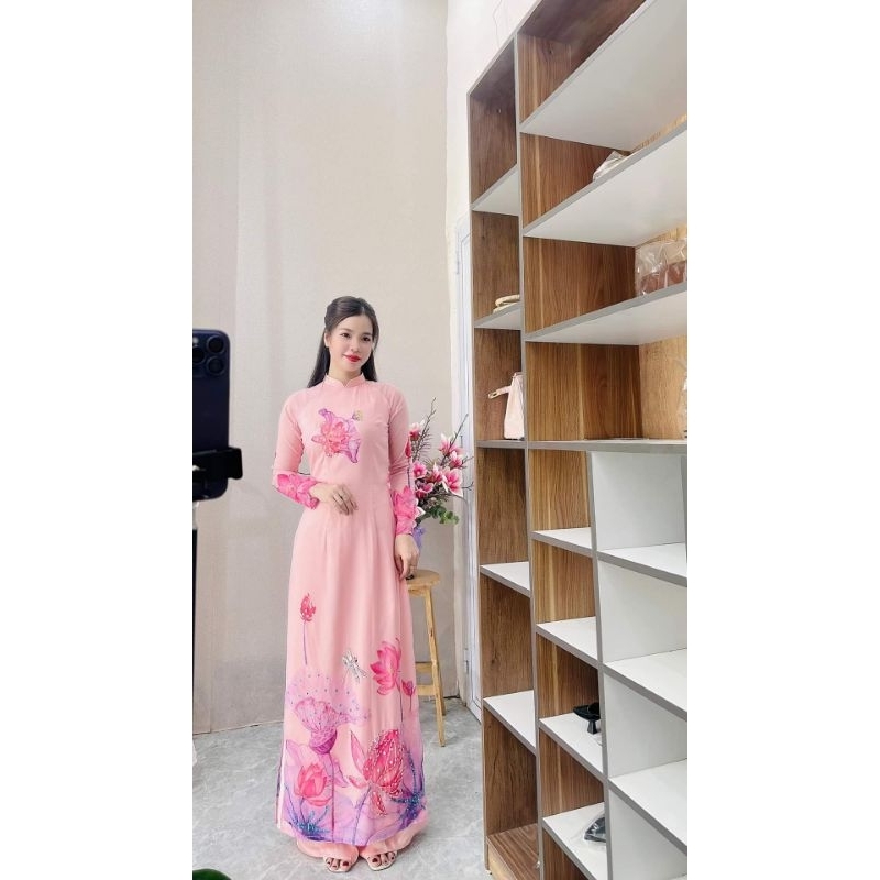 Áo dài truyền thống vải tơ mộc thêu hoa tone Hồng xinh