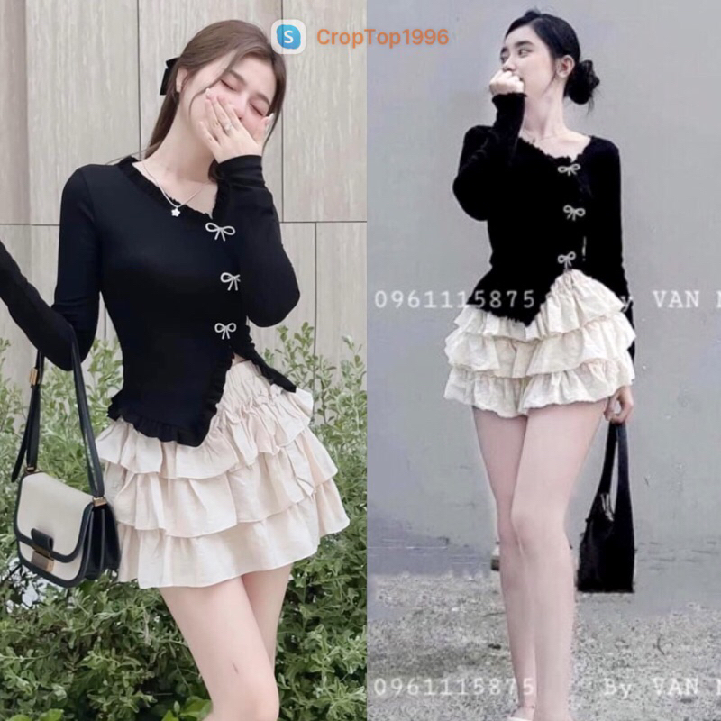Áo Len Tăm tiểu thư vạt chéo phối nơ lấp lánh Hàn Quốc A136
