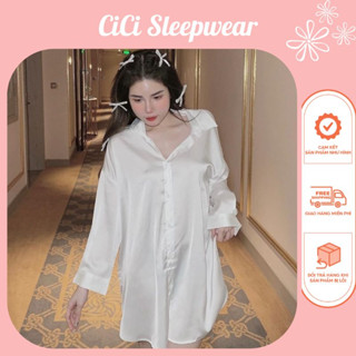 CV107 Váy ngủ lụa cao cấp kiểu sơmi form dài, dáng rộng 4 màu cực xinh CICI SLEEPWEAR
