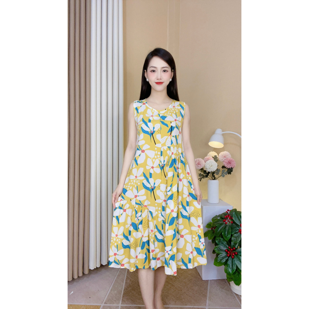 Đầm Nữ Sát Nách Chất Lanh Tre Cao Cấp Kiểu Dáng Baby Doll Lệch Tầng Họa Tiết Hoa