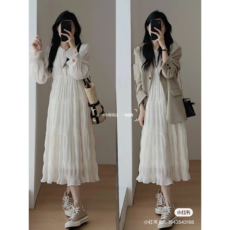 Na.Ha_Váy xuông dài cổ V dáng dài thắt eo tay xoè tiểu thư