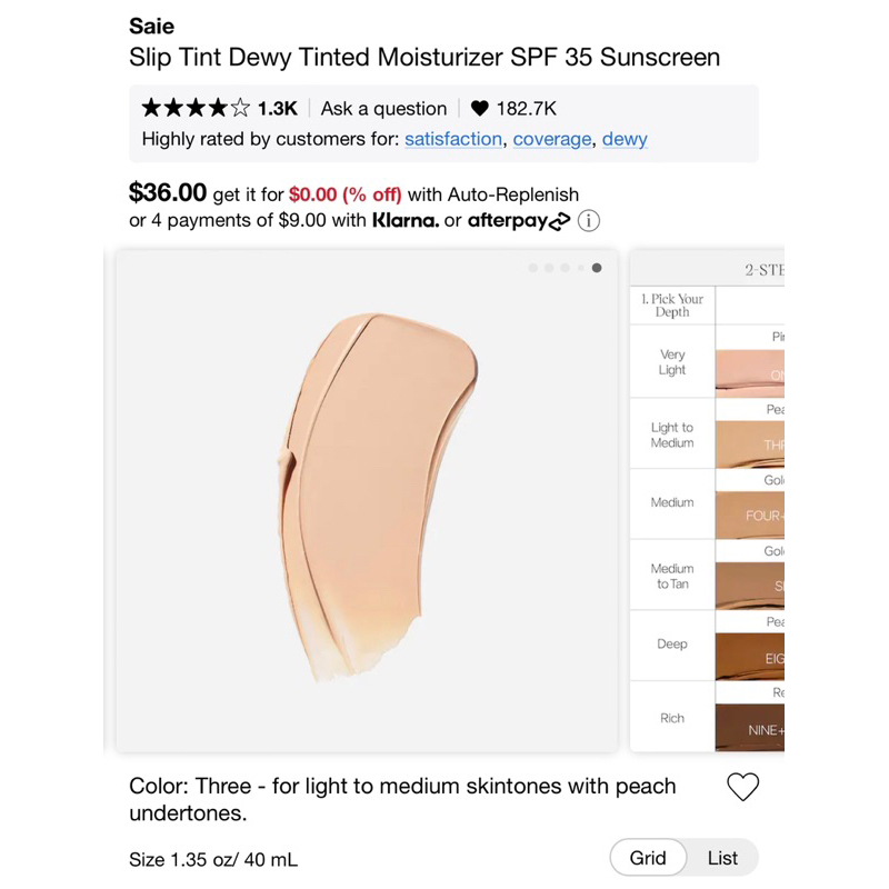 Kem nền Saie Slip Tint Dewy Tinted Moisturizer SPF 35 màu Three $36