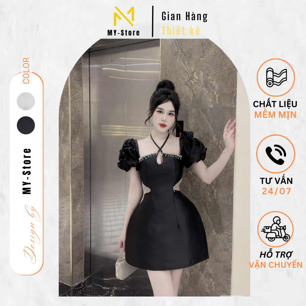 Váy thiết kế, đầm dự tiệc khoét eo đính đá phối cổ yếm chất tafta cao cấp TK874
