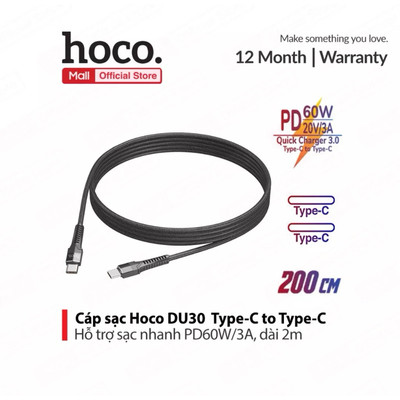 Cáp sạc nhanh TypeC to TypeC Hoco DU30 truyền dữ liệu ,hỗ trợ sạc PD60W/3A,dùng cho android dài 1m/2m