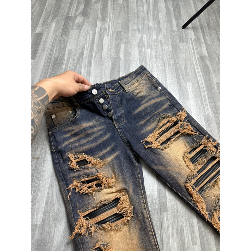 Quần dài nam màu xanh bẩn vá da đen cứng  99252