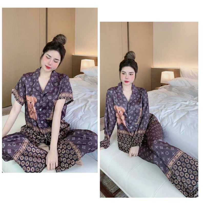 pijama tay dài quần dài lụa xước gấu nâu eo vì