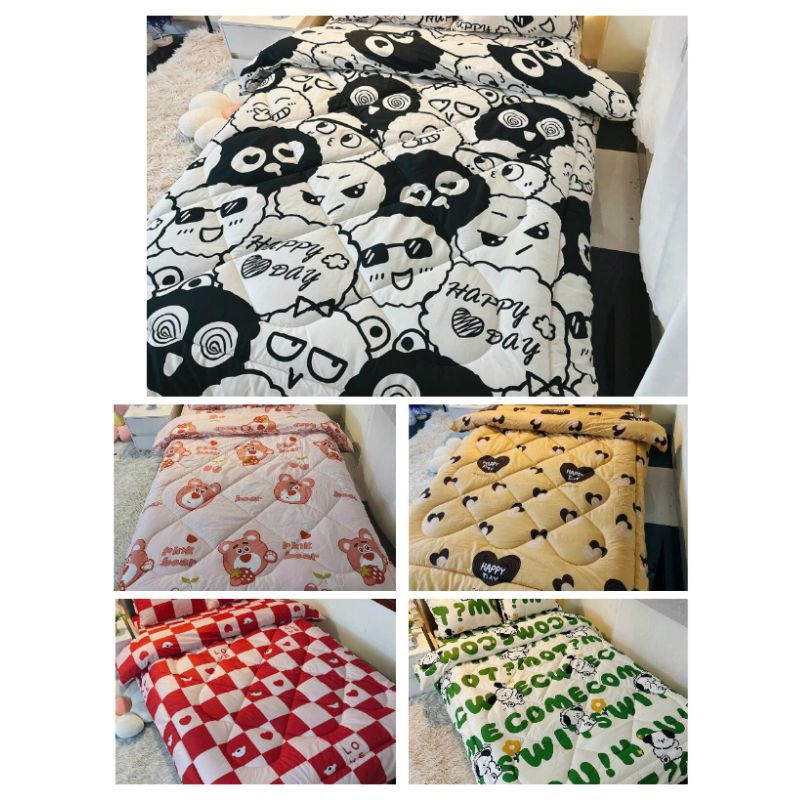 Bộ 5 món ga gối và chăn phao poly cotton mền trần bông dày loại 1 mềm êm được chọn mẫu