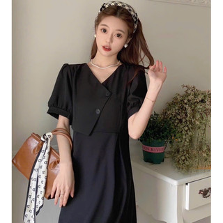 Đầm cổ V cách điệu 2 màu (kèm hình thật)