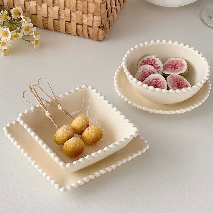 Bát đĩa dessert màu kem chuỗi hạt siêu xinh