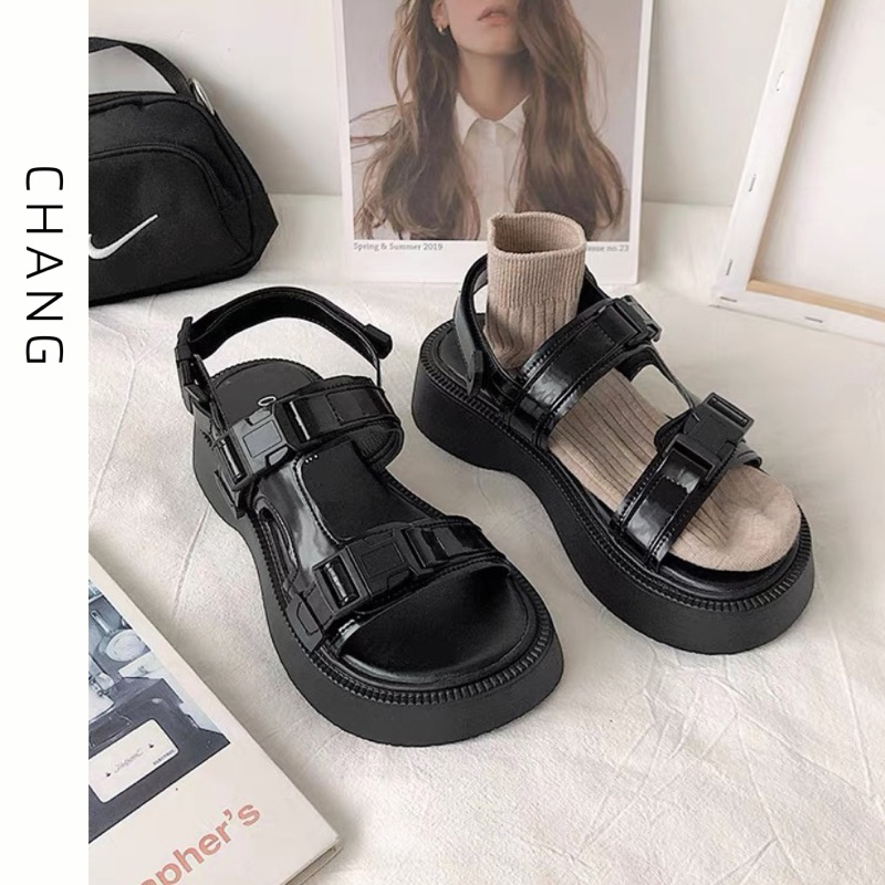 Sandal Quai Ngang Da Bóng Đế Cao Hai Màu Đế Cao 4cm Phong Cách Học Sinh Ulzzang