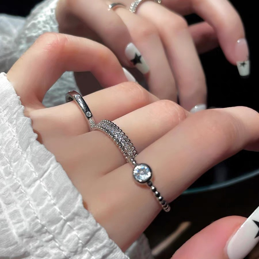 Set 3 nhẫn trơn zircon Titan phong cách freesize