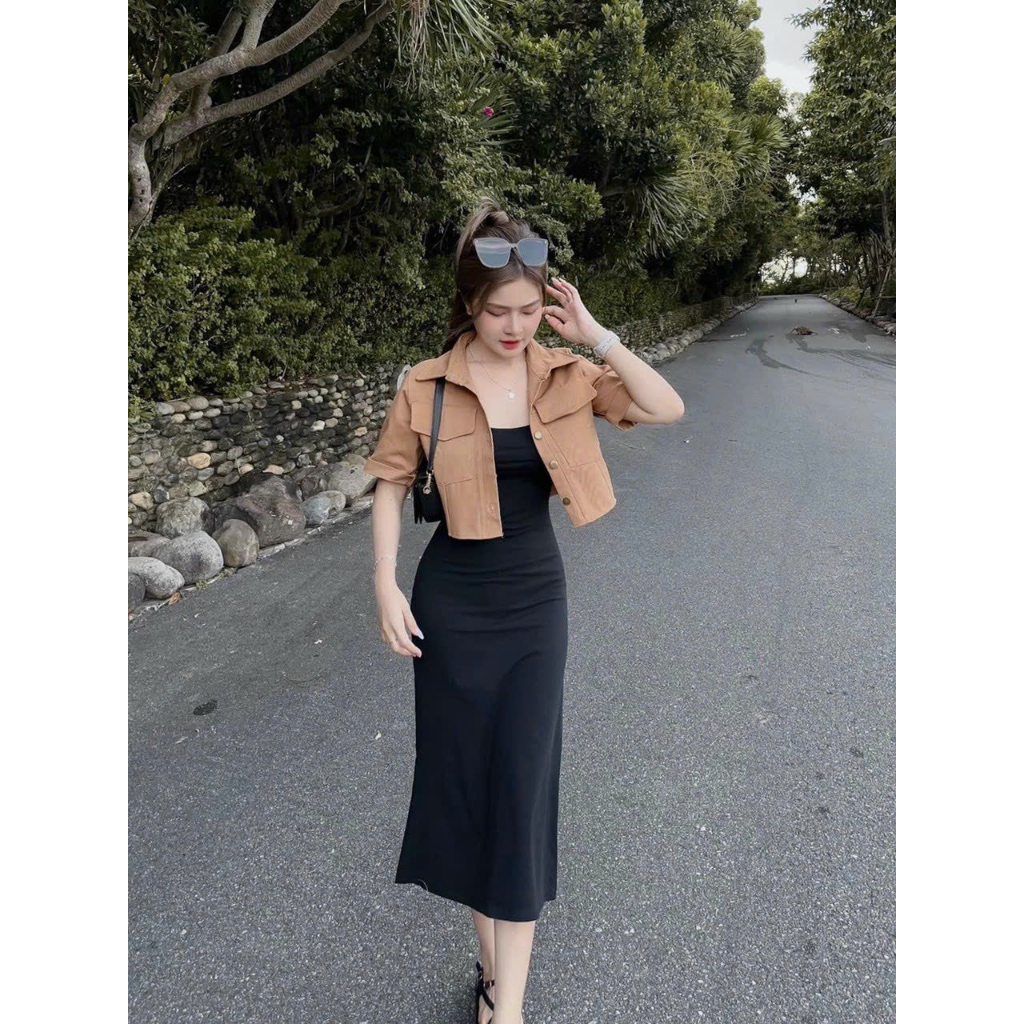 Đầm suông thời trang nữ mặc đi chơi chất thun gân đen co giãn kèm áo khoác tay ngắn nâu kaki sơ mi