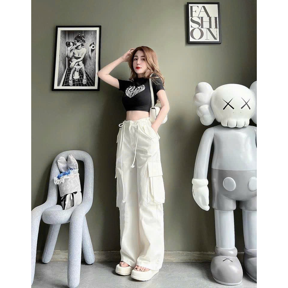 Sét bộ thời trang nữ mặc đi chơi áo thun gân ngắn in hình blackpin tay ngắn mix quần túi hộp cotton dài 2 màu
