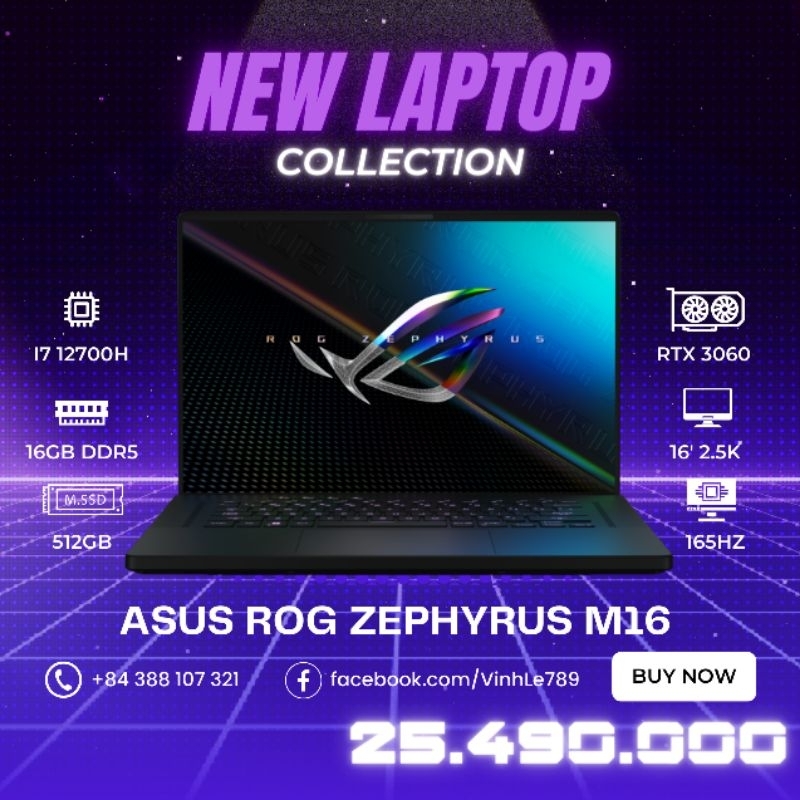 Laptop Asus ROG Zephyrus M16 2022 (i7-12700H/ RTX 3060/Ram 16GB/ SSD 512GB/ 16' QHD 165Hz)