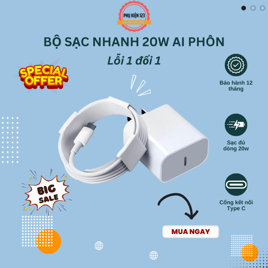 Bộ củ cáp sạc nhanh 20W, xạc điện thoại ai phôn, sac ổn định không nóng máy không loạn cảm ứng,bảo hành 12 tháng lỗi....