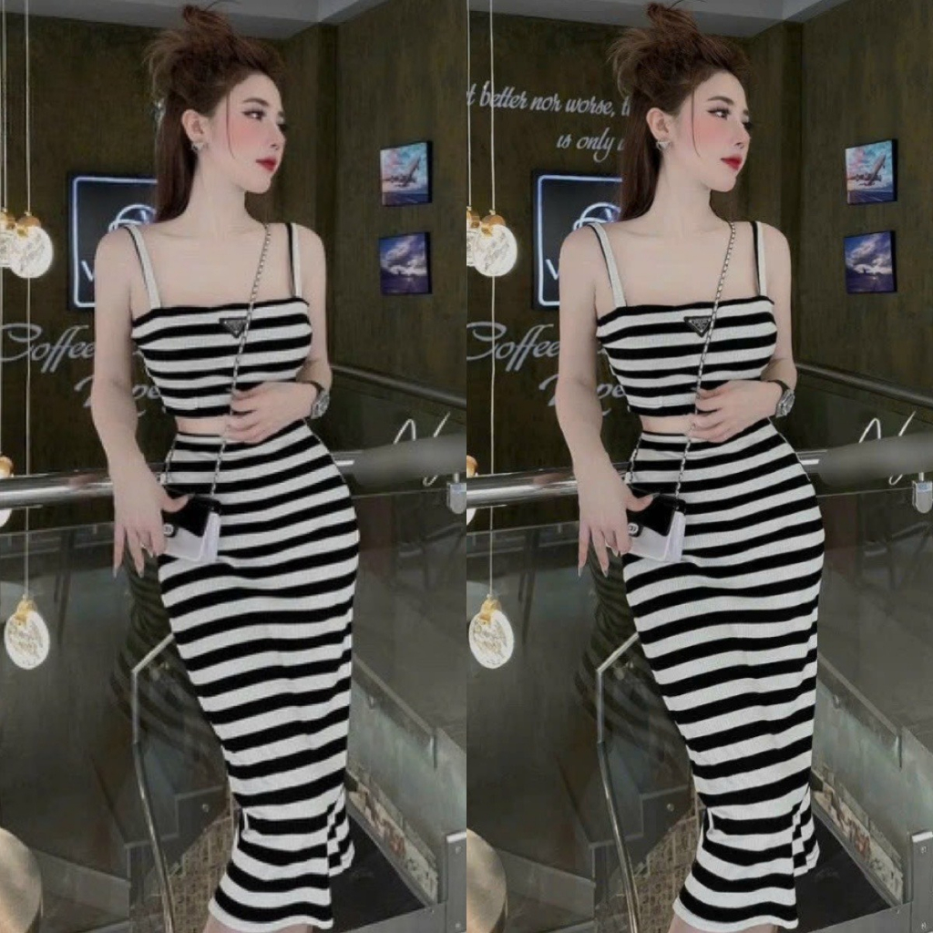 Set bộ đồ nữ áo 2 dây croptop kẻ sọc kèm chân váy dài suông sang chảnh dành cho các nàng diện đi tiệc, đi chơi