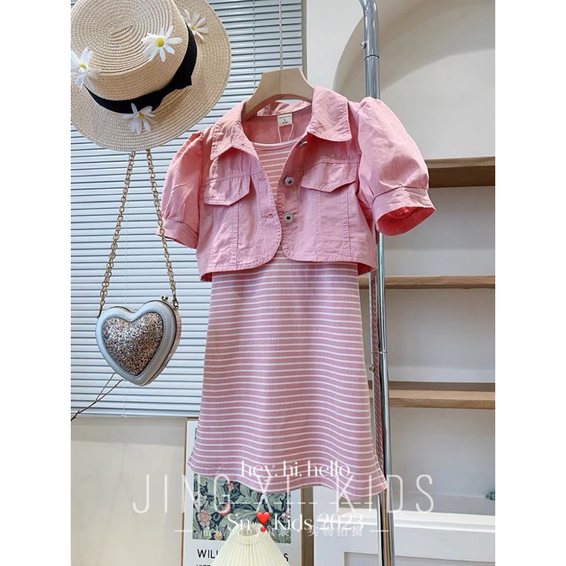 Set kẻ hồng 2in1 váy kèm khoác bé gái