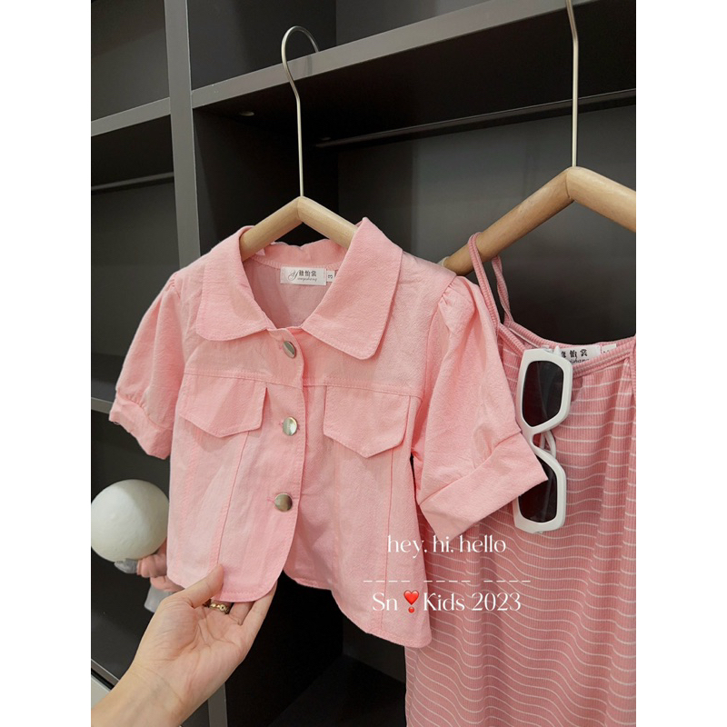 Set kẻ hồng 2in1 váy kèm khoác bé gái