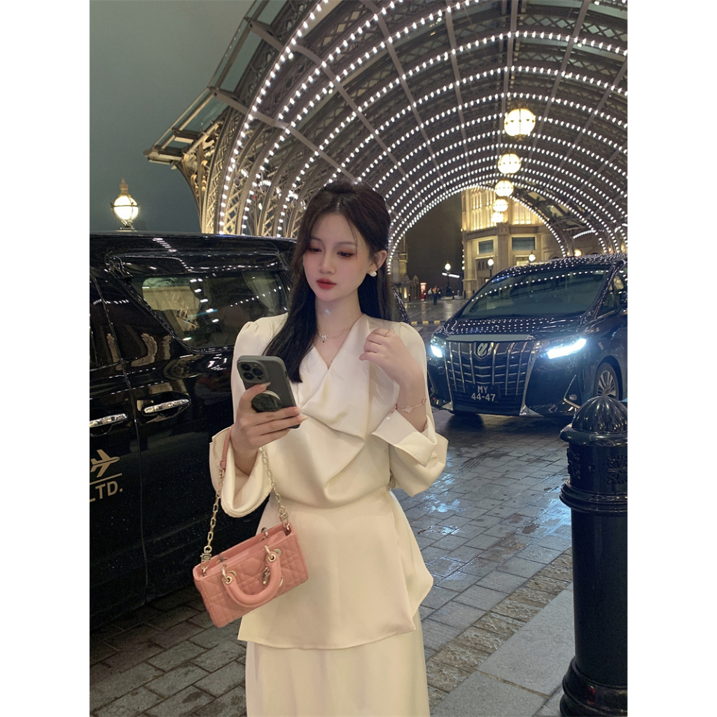 ÁO SƠ MI LỤA DÀI TAY XẺ TÀ CỔ ĐỔ THẮT NƠ LƯNG SIÊU XINH TGFASHION