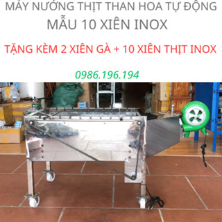 Máy nướng thịt chả mini Bếp nướng than hoa lò quay gà vịt mô tơ tự động 10 xiên INOX - tặng 10 xiên đơn và 2 xiên 3