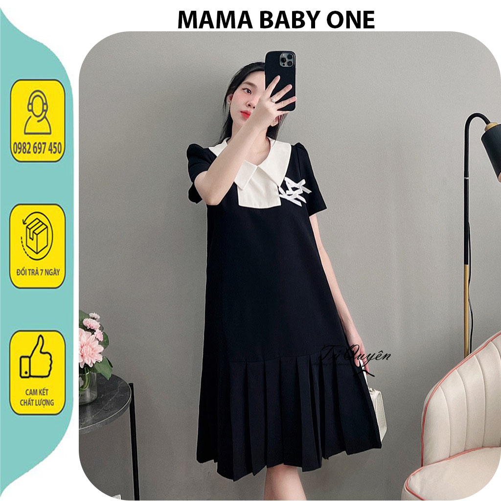 VÁY BẦU CỒNG SỞ DỰ TIỆC MÙA HÈ CỰC XINH-ĐẦM BẦU BABY DOLL ĐEN PHA CỔ NƠ TRẮNG CHÂN XẾP LY DÁNG TIỂU THƯ