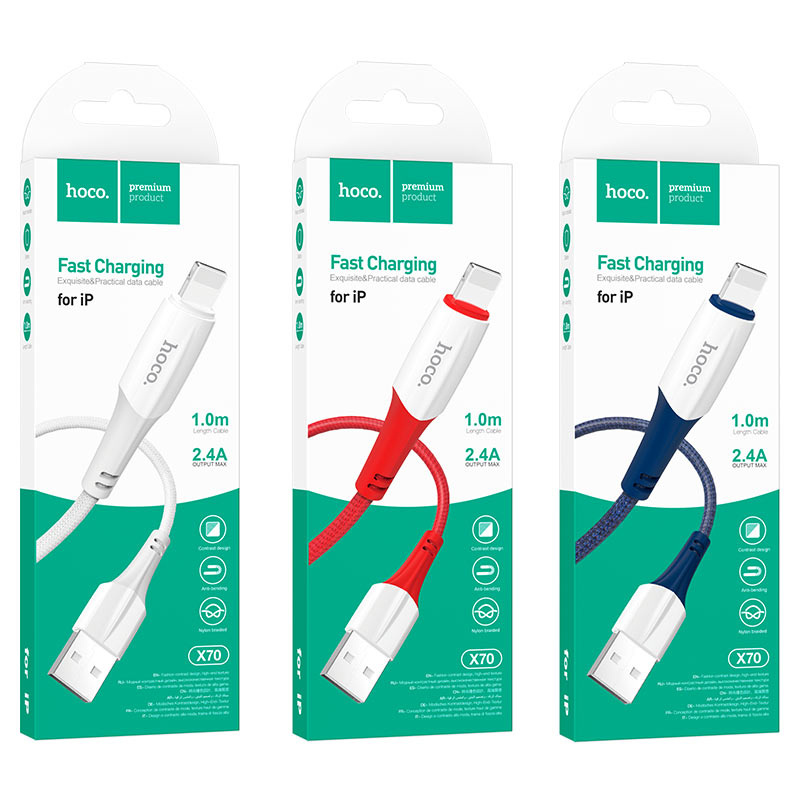 Dây cáp sạc nhanh 2.4A Hoco X70 dài 1 mét bọc dù siêu bền chống rối - Bảo hành 12 Tháng