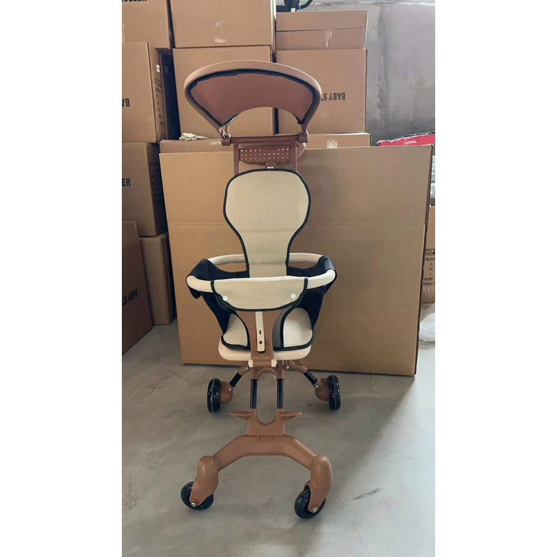 Xe đẩy gấp gọn màu nâu mẫu mới nhất 2023, xe có mái che, tặng kèm đệm ngồi