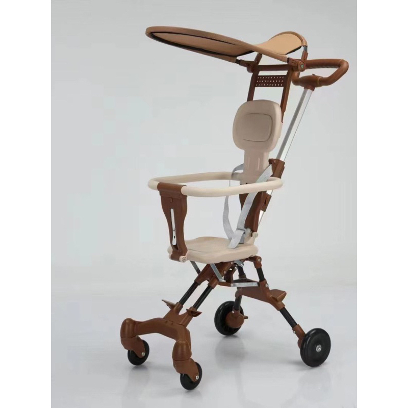 Xe đẩy gấp gọn màu nâu mẫu mới nhất 2023, xe có mái che, tặng kèm đệm ngồi