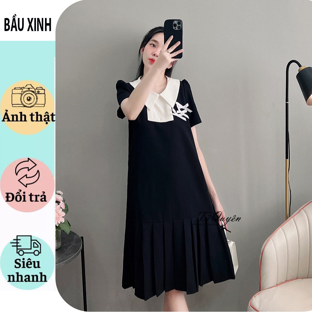 VÁY ĐẦM BẦU TIỂU THƯ SANG CHẢNH-VÁY BẦU THIẾT KẾ BABAYDOLL CỔ SƠ MI KÈM NƠ TRẮNG CHÂN XẾP LY ĐẸP
